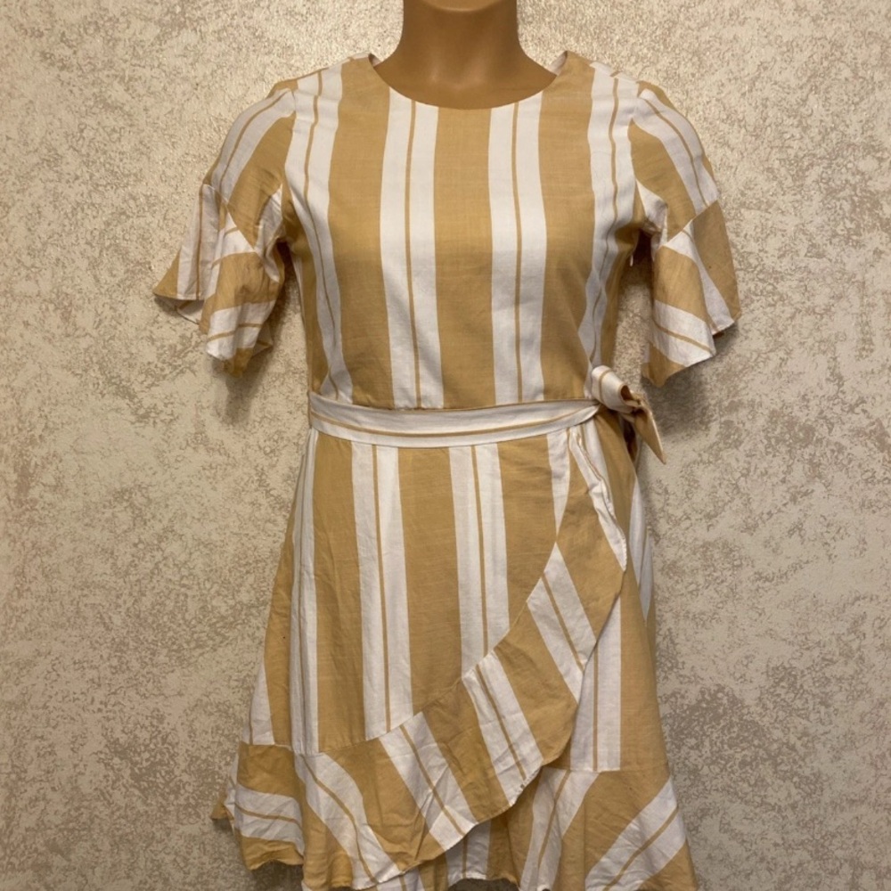 Express Mustard and White Striped Faux Wrap Dress
